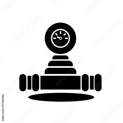 Pressure gauge on pipe vector icon, symbolizing measurement, industrial control, utilities, plumbing, and fluid dynamics