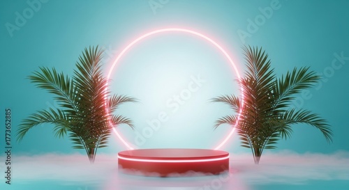 Tropical product showcase with glowing circle and palm trees for advertising