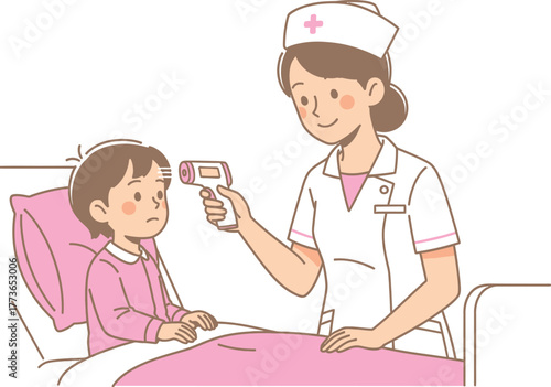 A nurse is taking a childs temperature with a noncontact thermometer, the child is lying in bed