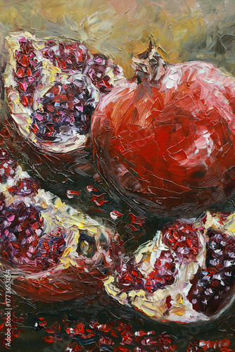 Artistic oil still life featuring whole and cut pomegranates. Rich textures, deep reds, and expressive brushwork bring the composition to life.