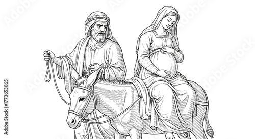 Engraving sketch Joseph carrying pregnant Virgin Mary on a donkey during journey to bethlehem advent, hand-drawn style for Christmas religious postcards, black and white vector svg.