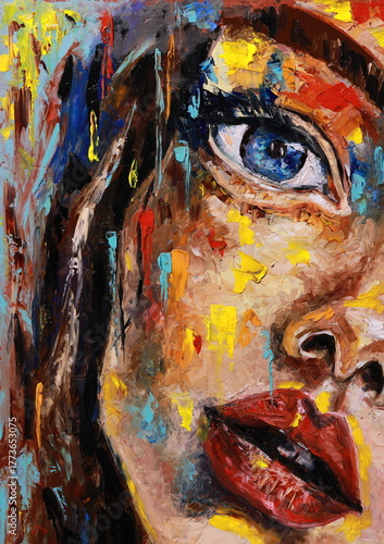 Vibrant oil painting of a woman's face created with bold strokes and rich colors. The abstract expressive style highlights beauty, emotion, and individuality.