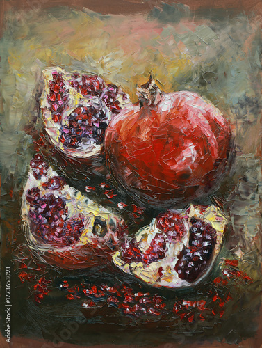 Artistic oil still life featuring whole and cut pomegranates. Rich textures, deep reds, and expressive brushwork bring the composition to life.