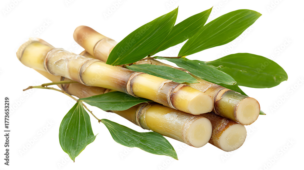 Fototapeta premium Fresh sugarcane stalks with green leaves isolated on transparent background.