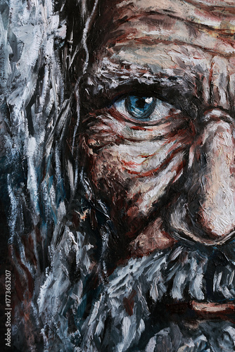 Close-up oil painting of an elderly man's face with striking eyes and expressive features. Strong textures highlight age, emotion, and depth.
