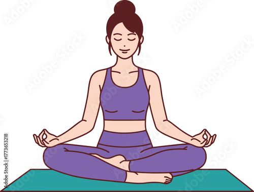 Illustration of a woman meditating in lotus position on a yoga mat, promoting mindfulness, relaxation, and inner peace