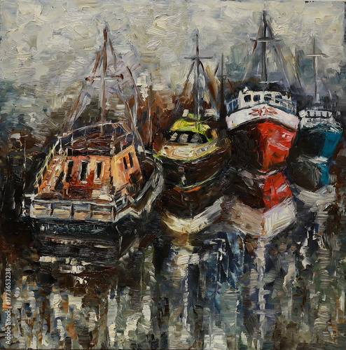 Atmospheric oil painting of colorful fishing boats moored in a harbor. Textured brushwork and dramatic tones create a vivid maritime scene.