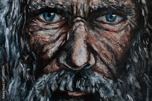 Close-up oil painting of an elderly man's face with striking eyes and expressive features. Strong textures highlight age, emotion, and depth.