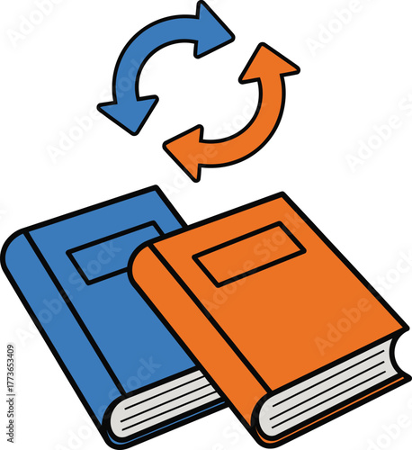 Two books are stacked on top of each other with arrows circling above them, symbolizing exchange or recycling