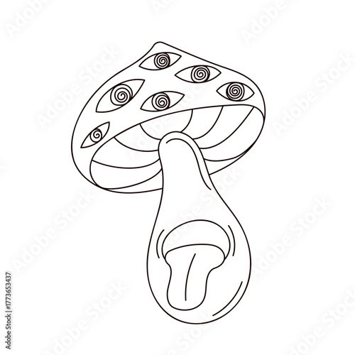 Psychedelic mushroom character in groovy line art style. Fly agaric with hypnotized eyes isolated on a white background.