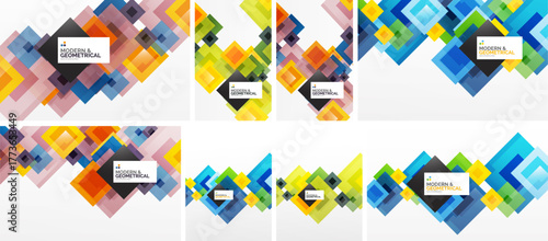 Geometric patterns dominate image. Squares, rectangles overlap creating vibrant colorful designs. Modern aesthetic present throughout compositions.