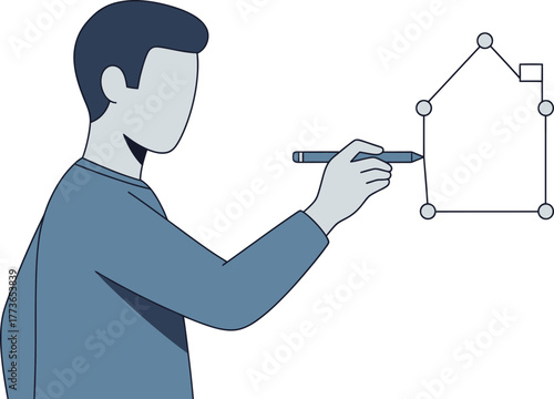 An architect is drawing a house plan, he is using a pen to draw the lines and circles that make up the design of the building