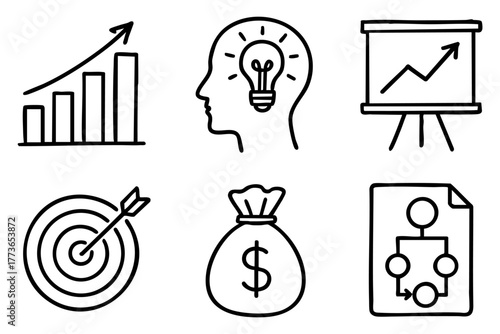 Business Strategy Doodle Icon Set - Planning, Growth, and Innovation Concepts