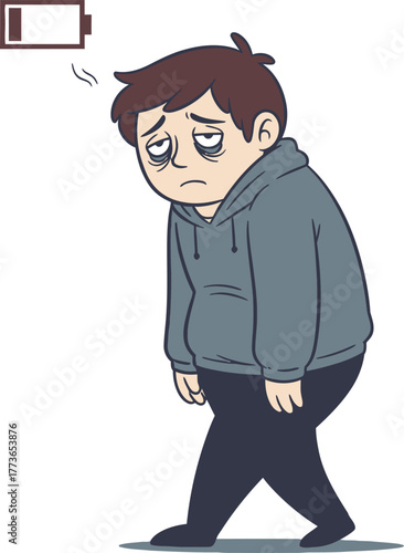 A tired man with low battery, he is exhausted and needs to recharge he is wearing a hoodie and sweatpants, and his eyes are drooping
