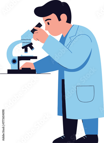 A scientist in a lab coat is looking through a microscope, conducting research and analysis