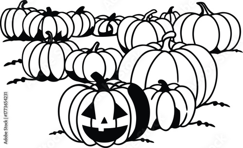 Group of outline pumpkins and gourds illustration featuring a single spooky carved jack-o'-lantern isolated on a white background ready for the halloween season design.