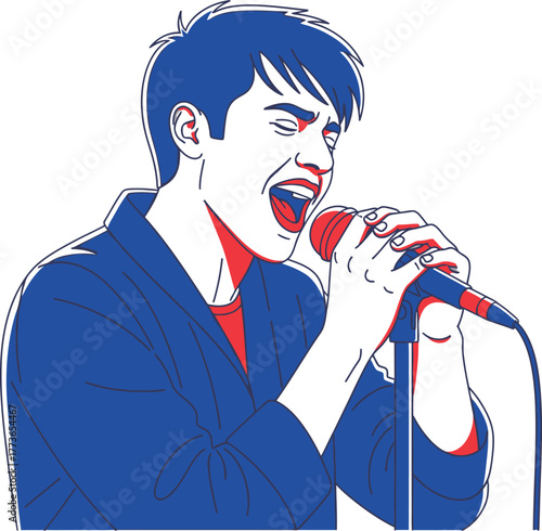 Illustration of a male singer performing on stage with a microphone, the singer is wearing a jacket and singing with passion