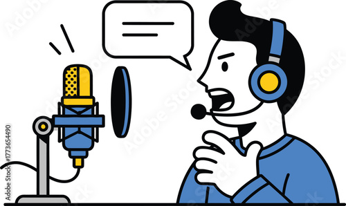 Illustration of a man recording a podcast with a microphone and headphones, the man is speaking into the microphone with a speech bubble