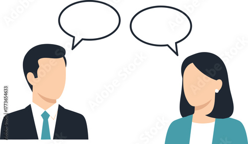 A man and a woman are talking to each other with speech bubbles above their heads, communication and discussion concept