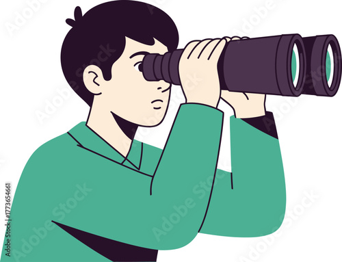 A man in a green jacket is looking through binoculars he is searching for something in the distance