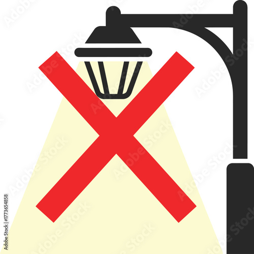 Illustration of a street light with a red x over the light beam the street light is not working or is turned off