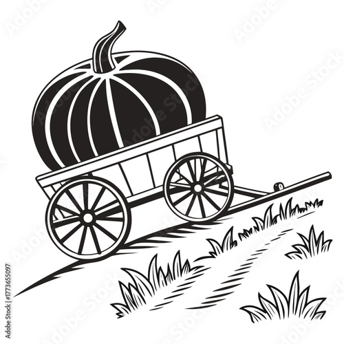 Vintage woodcut style illustration of a large ribbed pumpkin being transported uphill on a small wooden farm cart with spoked wheels over grassy terrain on a white background.