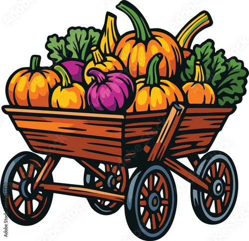Wooden cart filled with colorful pumpkins and greens in a farm harvest scene