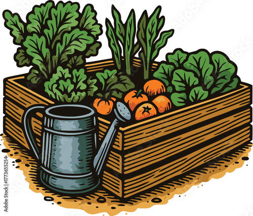 Raised garden bed with fresh vegetables and watering can in outdoor growing area.