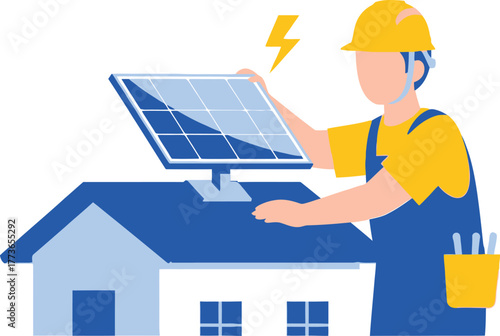 A technician installs solar panel on house roof, contributing to sustainable energy and a greener future
