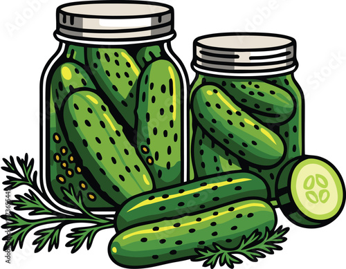 Pickled cucumbers in glass jars with fresh dill and sliced cucumber garnish.a
