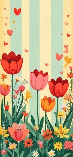 A vibrant, pastel-striped background frames a cheerful garden of colorful flowersreds, oranges, pinksand floating hearts, evoking warmth and joy in soft watercolor style.