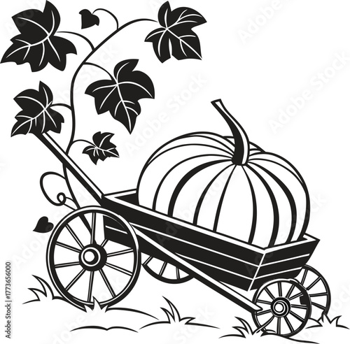 Black and white vintage style vector illustration of a massive autumn harvest pumpkin resting securely inside a rustic wooden farm wagon adorned with decorative pumpkin vines and leaves.