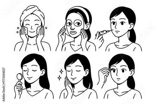 Woman beauty cosmetic character icon in japan doodle hand drawn style. Vector stock