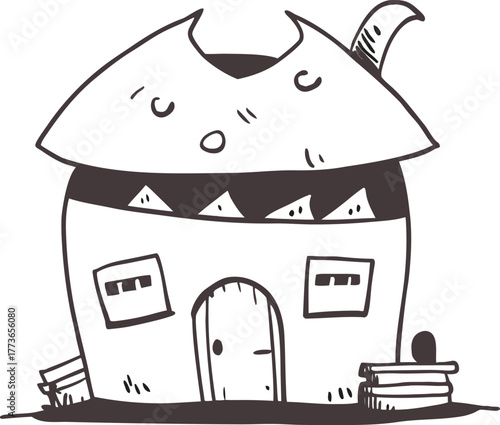 Whimsical hand drawn cartoon monster house sketch or fantasy dwelling illustration in black and white monochrome line art style isolated on white background.