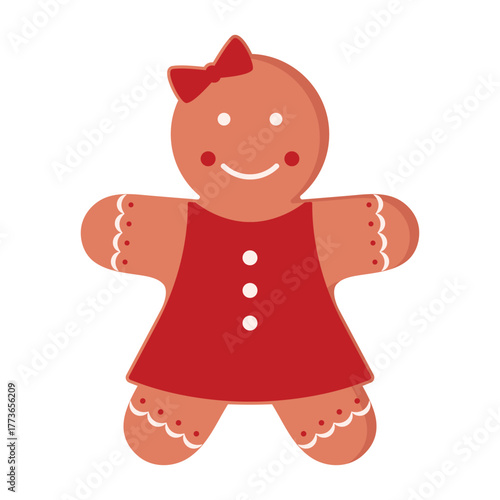 Vector illustration of cute gingerbread girl cookie figure wearing a red dress with white buttons and red bow on a head isolated on a white background.