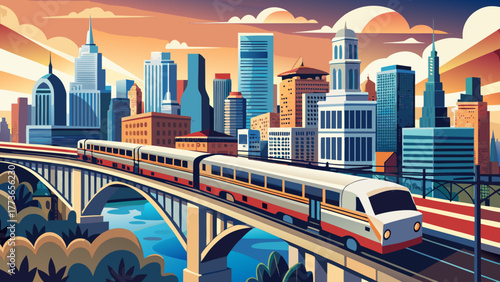 Very beautiful view of a train passing over a bridge in the City of Chicago, Illinois, USA, showcasing the urban transport system, city skyline, and architectural details of the bridge.