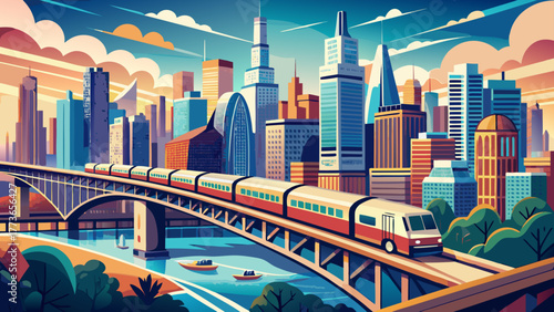 Very beautiful view of a train passing over a bridge in the City of Chicago, Illinois, USA, showcasing the urban transport system, city skyline, and architectural details of the bridge.