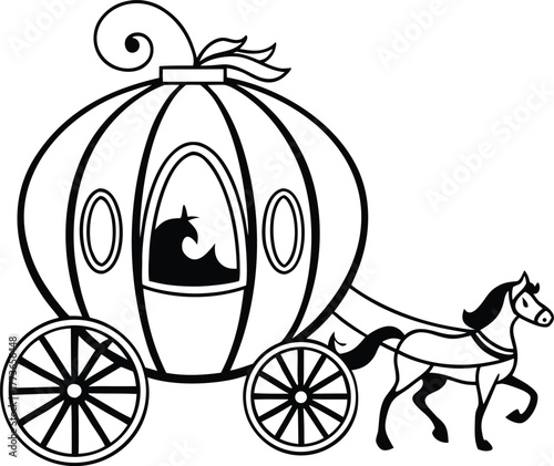 Fairy tale cinderella pumpkin carriage drawn by a horse line art vector illustration for children's books, fantasy themes, or royal transportation icons.