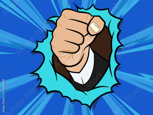 A powerful comic book style graphic of a businessman's clenched fist. Perfect for conveying power, action, strength, and challenge in a retro comic style.