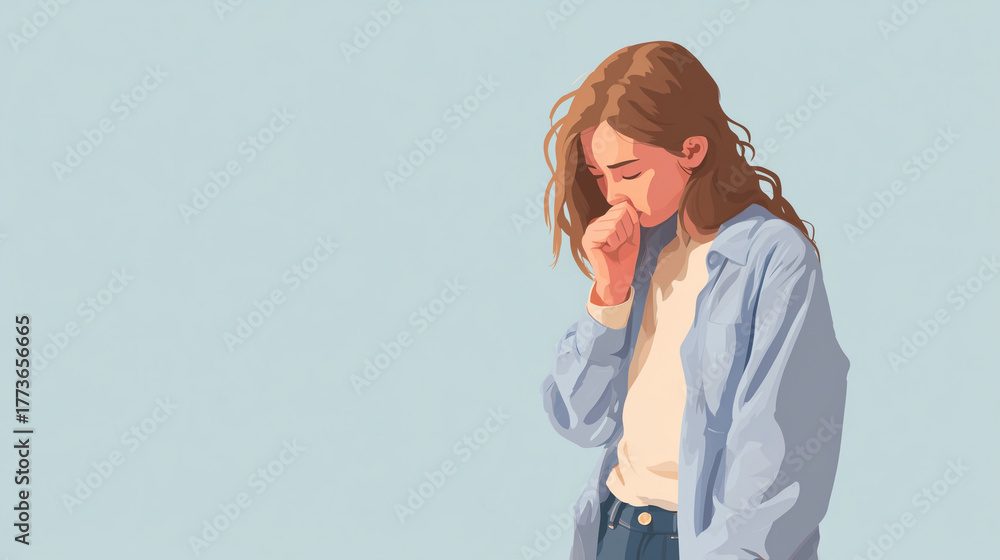 Fototapeta premium A young Caucasian woman with long brown hair stands with her head down, wearing a light blue shirt and jeans. She appears contemplative and introspective.