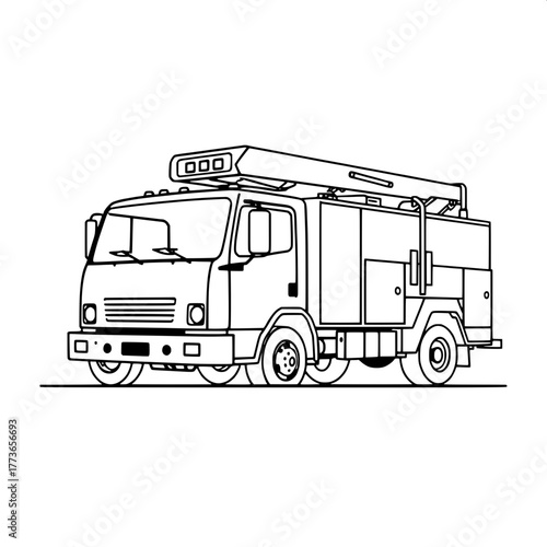“A schematic line drawing of a utility truck, depicted in side profile. The illustration uses heavy black outlines on white, avoiding any shading or fine details. The style is clean, modern, and icono