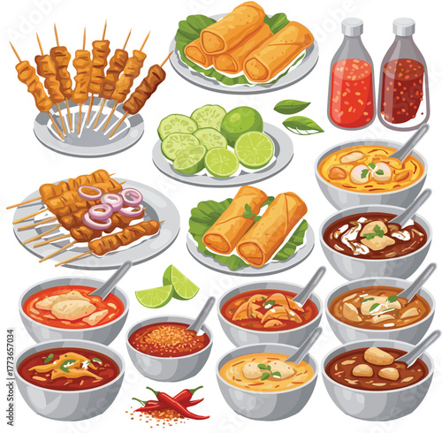 Asian Food Collection Vector Set - Satay Skewers, Spring Rolls, Peanut Sauce, and Chili Sauce - Restaurant Menu Illustration