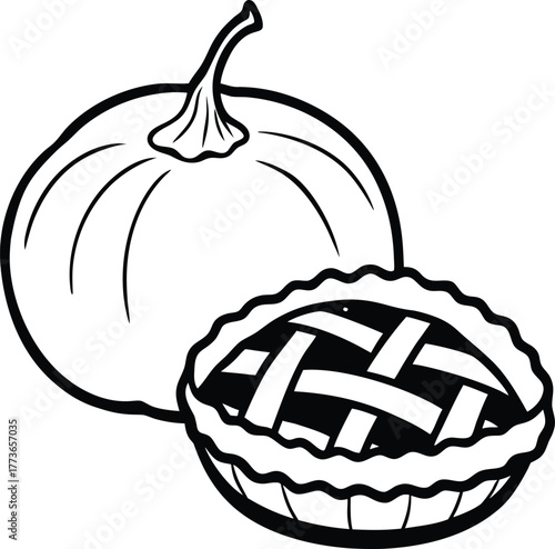 Outline illustration of autumn pumpkin and a traditional lattice crust pie, simple monochrome vector drawing suitable for fall holiday baking and thanksgiving decoration needs