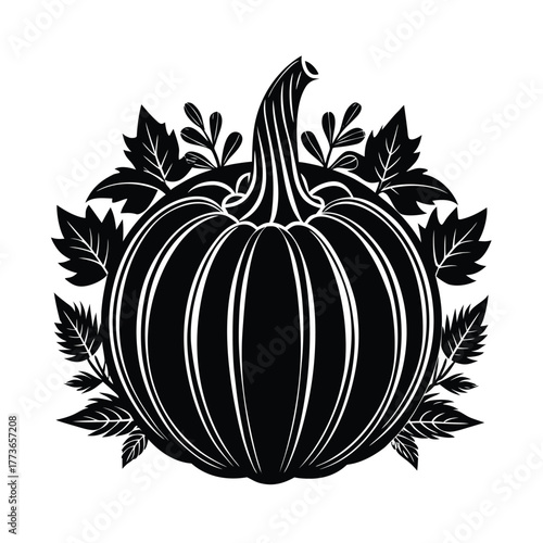 Stylized monochrome graphic design illustration featuring a large ripe autumnal pumpkin squash vegetable gourd surrounded by detailed decorative harvest leaves on white.