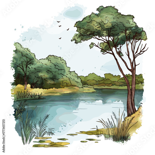 Lake Ypacarai. Lake Ypacarai hand drawn watercolor illustration