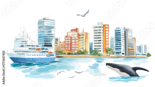 Puerto Madryn. Puerto Madryn hand drawn watercolor illustration