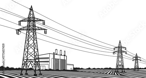 Electric power plant with smokestacks, high voltage transmission towers, electricity pylons, industrial energy production, power grid infrastructure, renewable and thermal