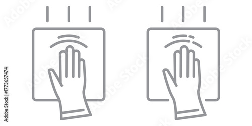 Set of linear icons with rubber gloves and cleaning cloth isolated on transparent background. Cleaning icons set. Symbols of hygiene, surface cleaning, and household care. Editable stroke.