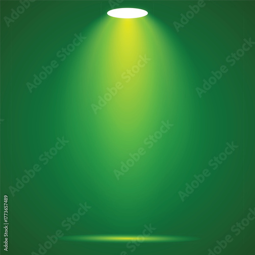 Green spotlight beam on dark background. Realistic stage light effect vector illustration.