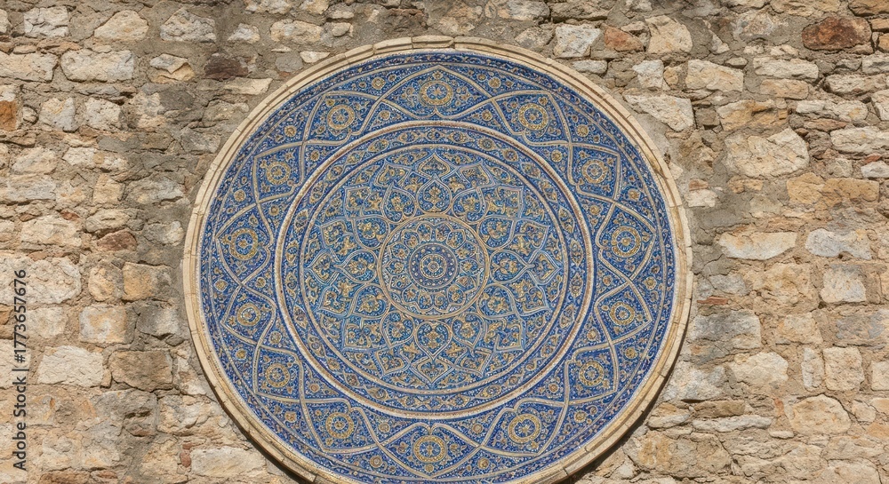 Obraz premium Blue & gold patterned round tile set into a stone wall